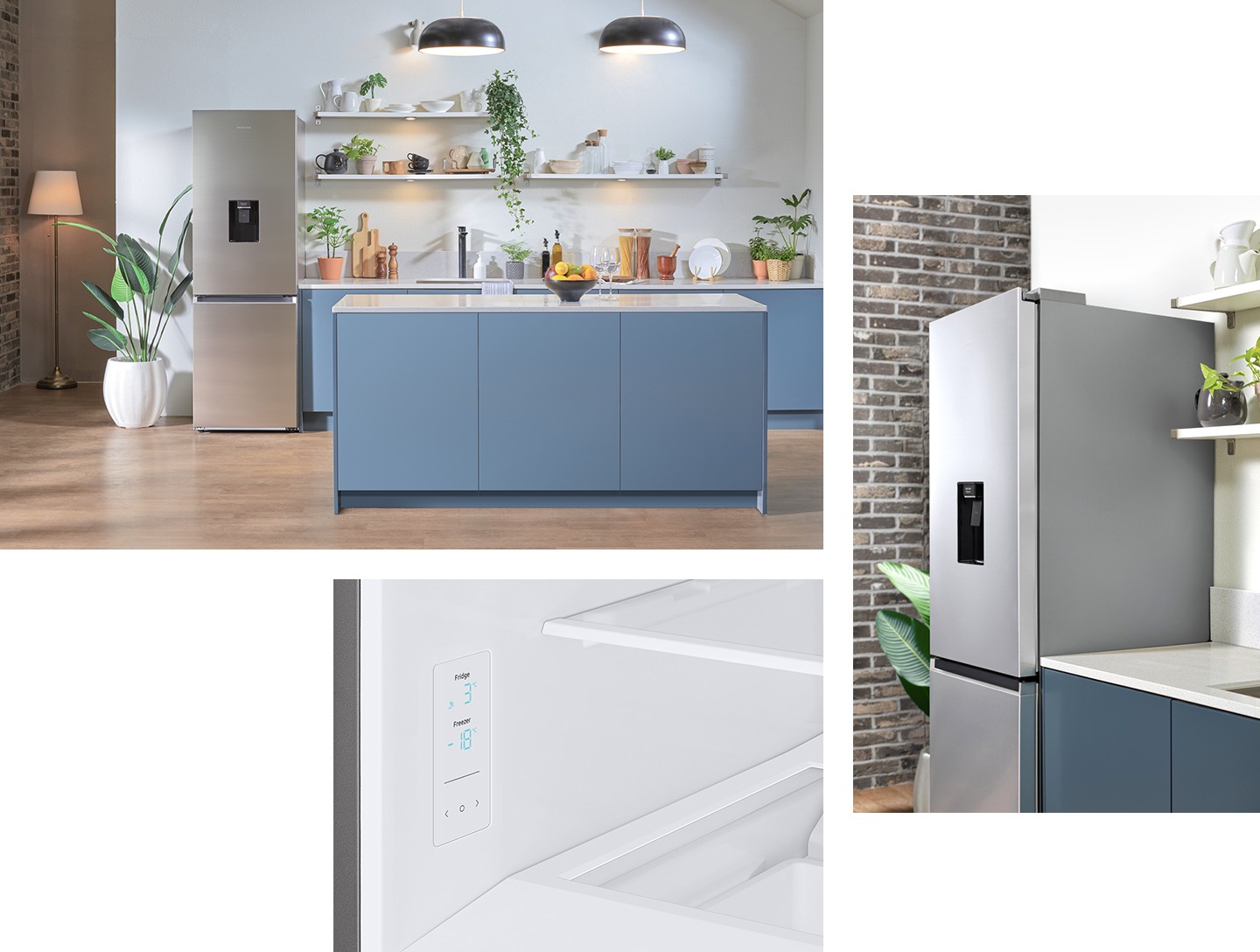 A Samsung fridge RB7300T is standing next to cadet blue sinks and the kitchen looks like minimalist kitchen décor.