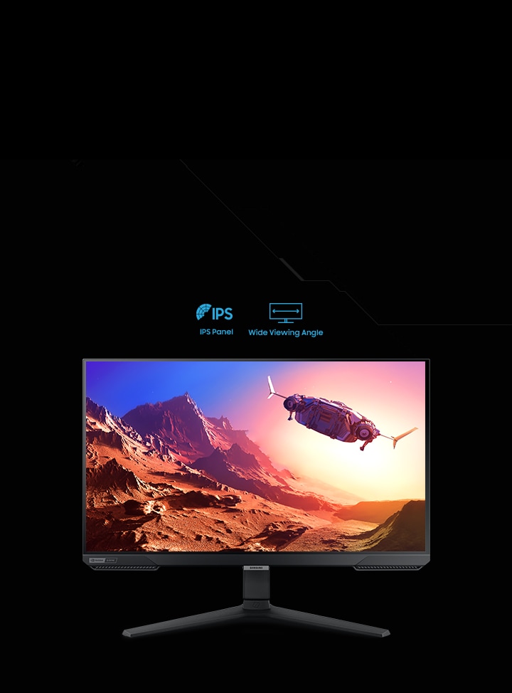 On the monitor display which is front facing, an aircraft is flying toward the sun over a mountain landscape. Above the monitor are two logos, demonstrating IPS panel and wide viewing angle functions.