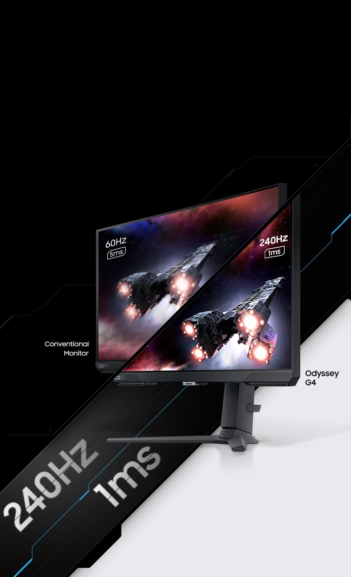 A monitor which is seen from its right side shows two spaceships blasting off into space. The monitor is split in two to show the difference in display quality comparing two different refresh rates and response time, one for conventional monitor with 60Hz and 5ms and the other for Odyssey G4 with 240Hz and 1ms.