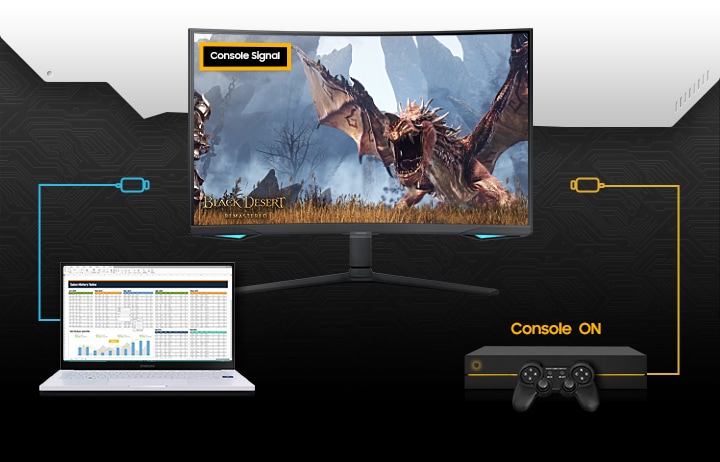 A monitor is shown alongside a laptop and gaming console. The laptop's cable is running to the monitor. And the monitor shows the same Excel on the screen with the laptop. But as the console turns on, connecting to the monitor,and it changes PC signal to console's with a menu of †Black Desert' game.