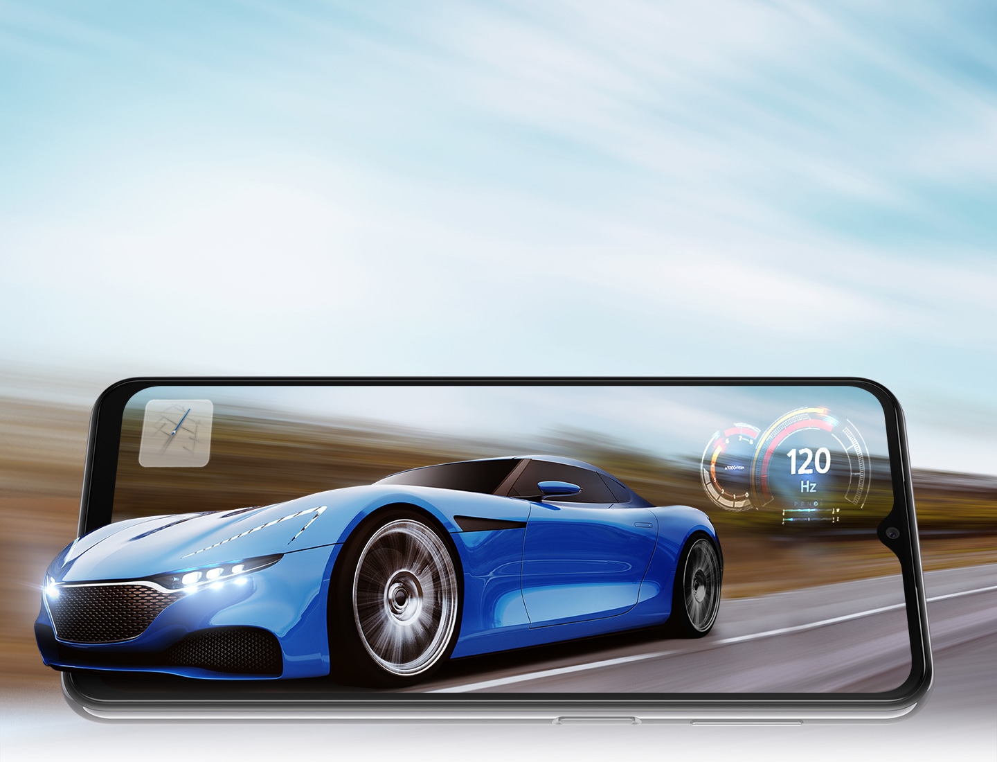 Galaxy A23 5G 處於橫向模式，屏幕上是一輛在路上行駛的跑車。 背景模糊，表明它正在快速行駛。 汽車的前部稍微超出了手機的框架，就好像汽車從顯示屏中彈出一樣。 中間還有一張地圖和一個120Hz的車速表，指的是手機的快速刷新率。