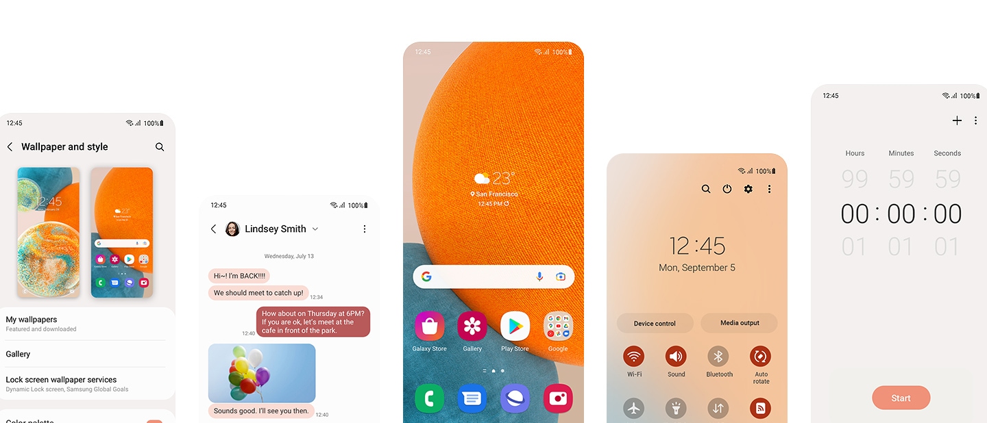 五個不同的 Galaxy A23 5G 屏幕，顯示一組自定義顏色和使用 One UI 4 的外觀。從左到右，屏幕顯示：設置中的牆紙和样式菜單，帶有自定義淺酒紅色和酒紅色文本氣泡的短信對話， 自定義主屏幕、自定義快速設置菜單和自定義計時器屏幕。