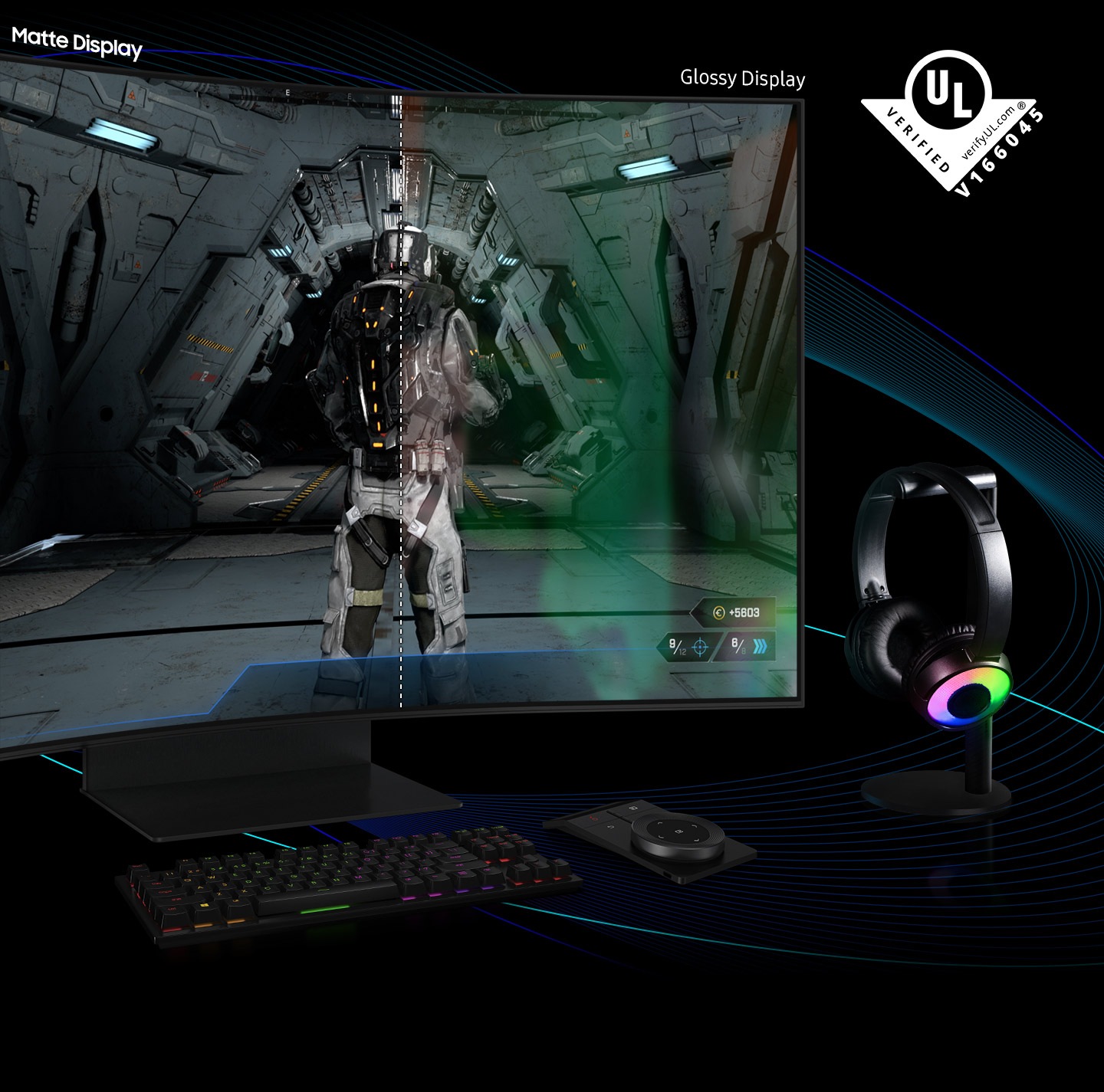 The gamer's face is seen reflected to the screen. A dotted line scans across the screen from left to right. ""Matte Display"" on the left is not seen with reflected the gamer's look, while ""Glossy Display"" on the right still shows as his reflected. The UL verification logo on the right corner.