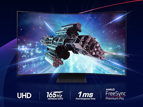 A large spaceship is centered in the monitor screen with shards of light surrounding it. Beneath the screen are four logos which demonstrate UHD, 165Hz refresh rate, 1ms response time and AMD FreeSync Premium Pro features.