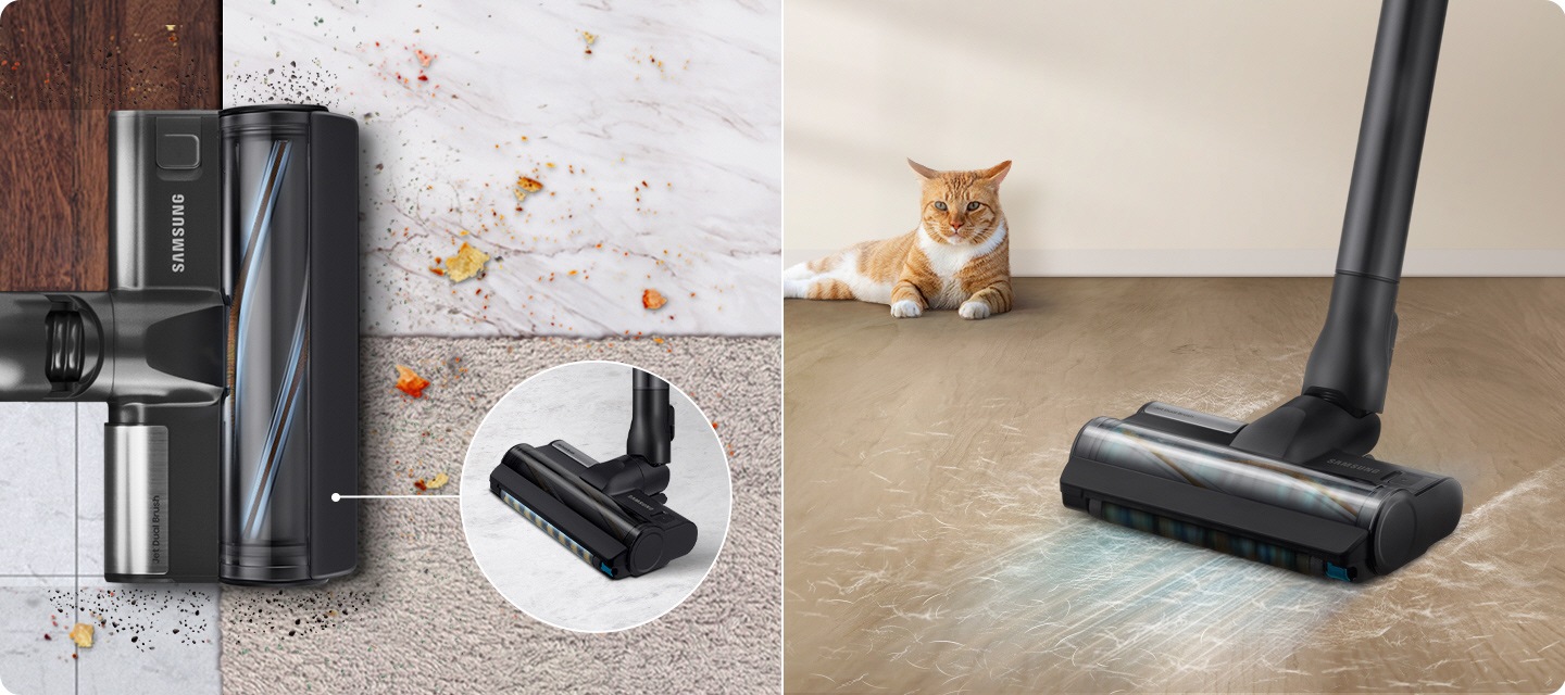 A Samsung Bespoke Jet with a Jet Dual Brush attachment cleans across four different floor surfaces: wood, tile, carpet, and marble. Each is covered in dust and chips. Next to it is a small close-up attachment from a different angle revealing the yellow and blue brush inside. It also cleans pet hair clumps on the floor and a cat is sitting next to it.