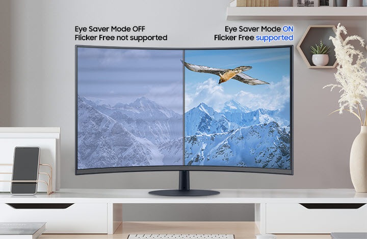 The Eye saver mode OFF and Flicker Free not supported screen is blurry and horizontal stripes are visible, and the Eye saver mode ON and Flicker Free supported screen is compared to the clear one.