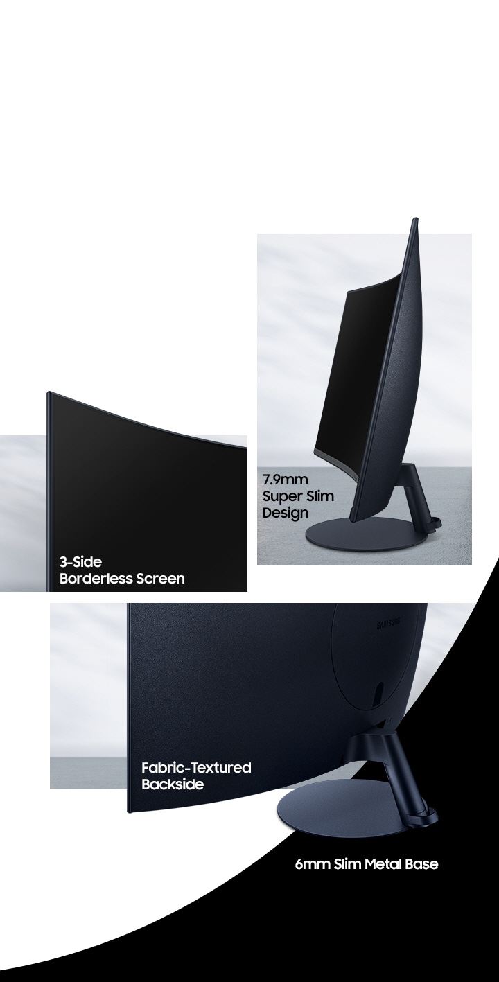 S3 Monitor's 7.9mm Super Slim Design, 3-side Borderless Screen, Fabric-Textured Backside, and 6mm Slim Metal Base.