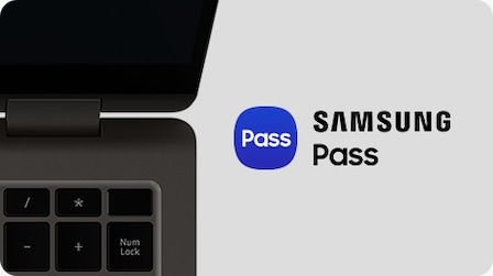 石墨 Galaxy Book3 360 右側的頂部特寫視圖，打開並面向前方。 在右側，Samsung Pass 文本旁邊顯示了 Samsung Pass 徽標。