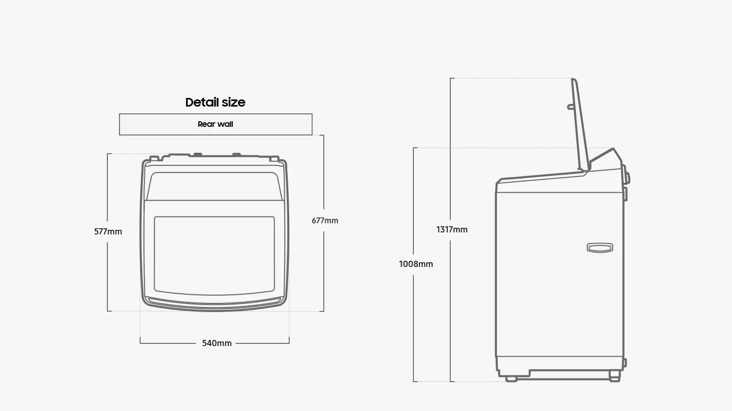 Width 540mm, height 1008mm, depth 577mm, height with door open 1317mm, install depth 727mm.