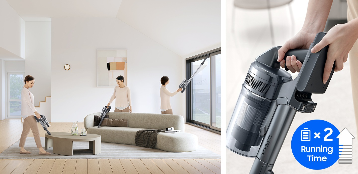 With doubled battery running time, a person leisurely cleans table, sofa and window with 3 types of nozzles.