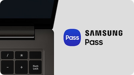 石墨 Galaxy Book3 右側的頂部特寫視圖，打開並面向前方。 右邊是Samsung Pass標誌。