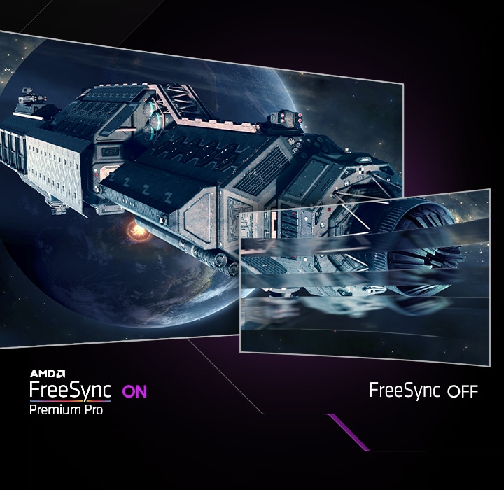 A space docking station is shown in front of a planet on two screens. The spacecraft on the right screen is blurred with the text “FreeSync OFF” underneath, and the left is sharp and clear with the text “AMD FreeSync Premium Pro ON” underneath .