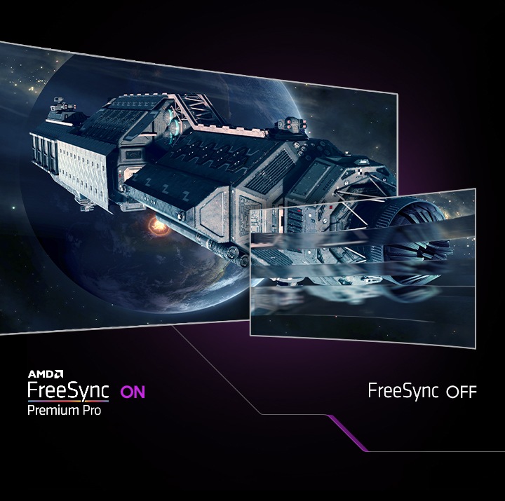 A space docking station is shown in front of a planet on two screens. The spacecraft on the right screen is blurred with the text “FreeSync OFF” underneath, and the left is sharp and clear with the text “AMD FreeSync Premium Pro ON” underneath .