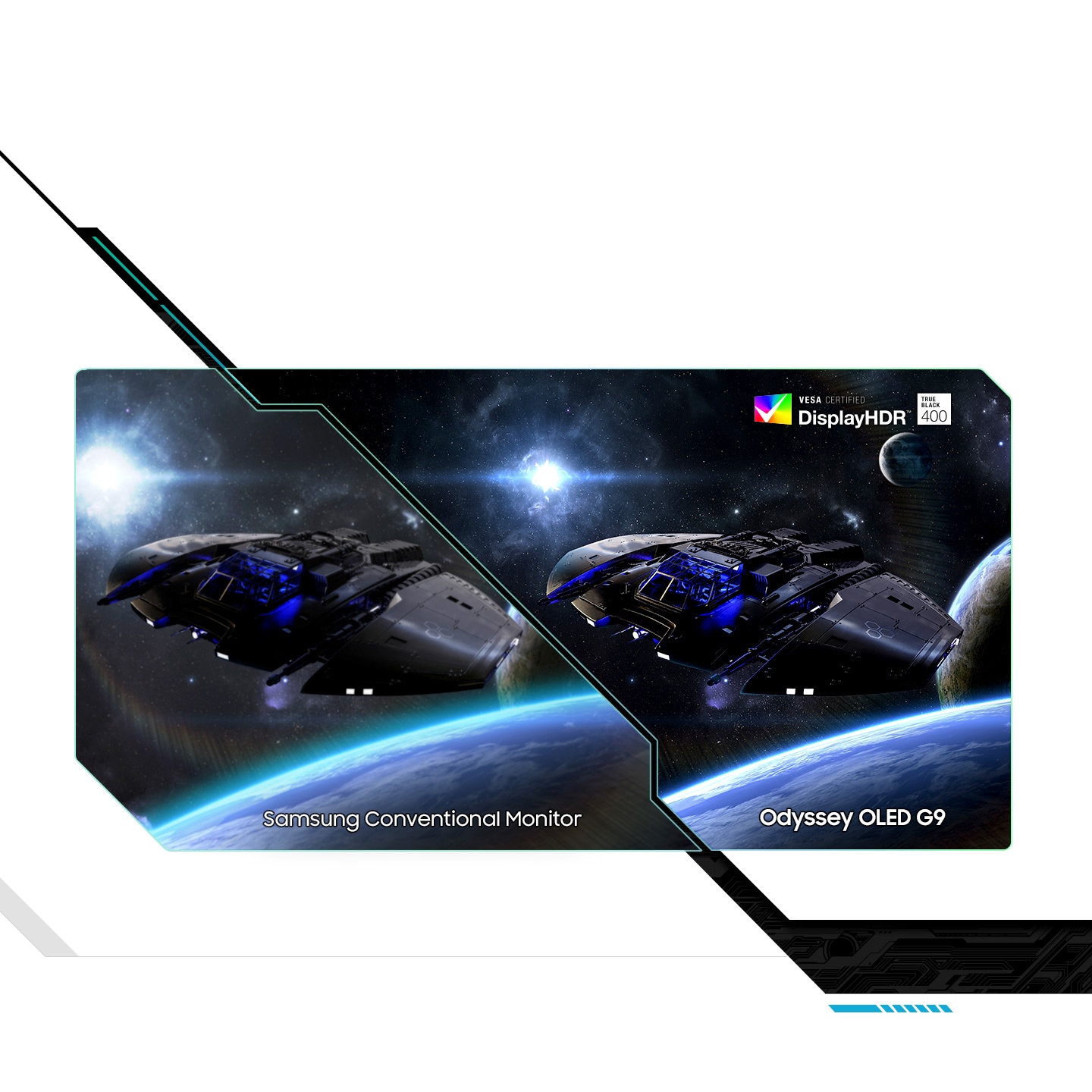 A split screen shows the same spaceship flying away from a planet, a moon and a star. On the left, text reads “Samsung Conventional Monitor” and on the right, “Odyssey OLED G9.” Text on the right side reads “VESA Certified Display HDR True Black 400.” The right side shows deeper blacks and brighter whites with details.
