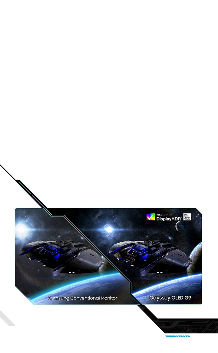 A split screen shows the same spaceship flying away from a planet, a moon and a star. On the left, text reads “Samsung Conventional Monitor” and on the right, “Odyssey OLED G9.” Text on the right side reads “VESA Certified Display HDR True Black 400.” The right side shows deeper blacks and brighter whites with details.