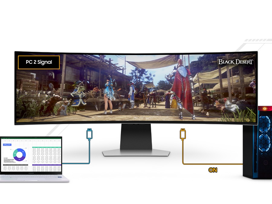 An Odyssey monitor is shown alongside a laptop and a PC and the laptop's cable is running to the monitor, with "PC 1 signal" on the left upper side of the screen. But as the PC turns on, connecting to the monitor, it changes the signal to "PC 2 signal". 