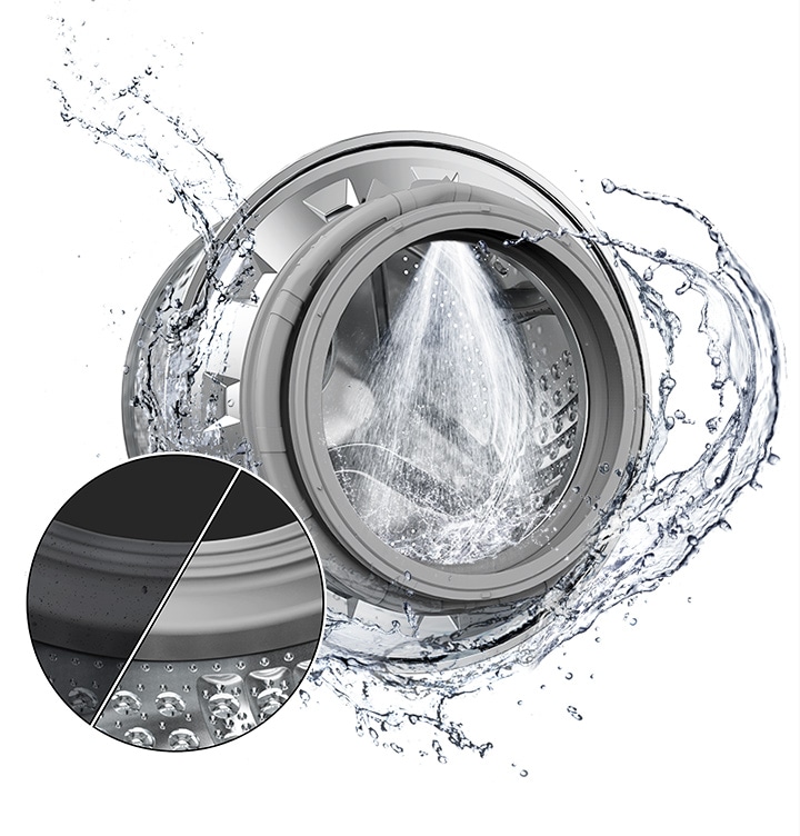 The washer drum is surrounded by clean water and water jets. An enlarged image of the Rubber Gasket depicts the contaminated left side being as clean as the right.