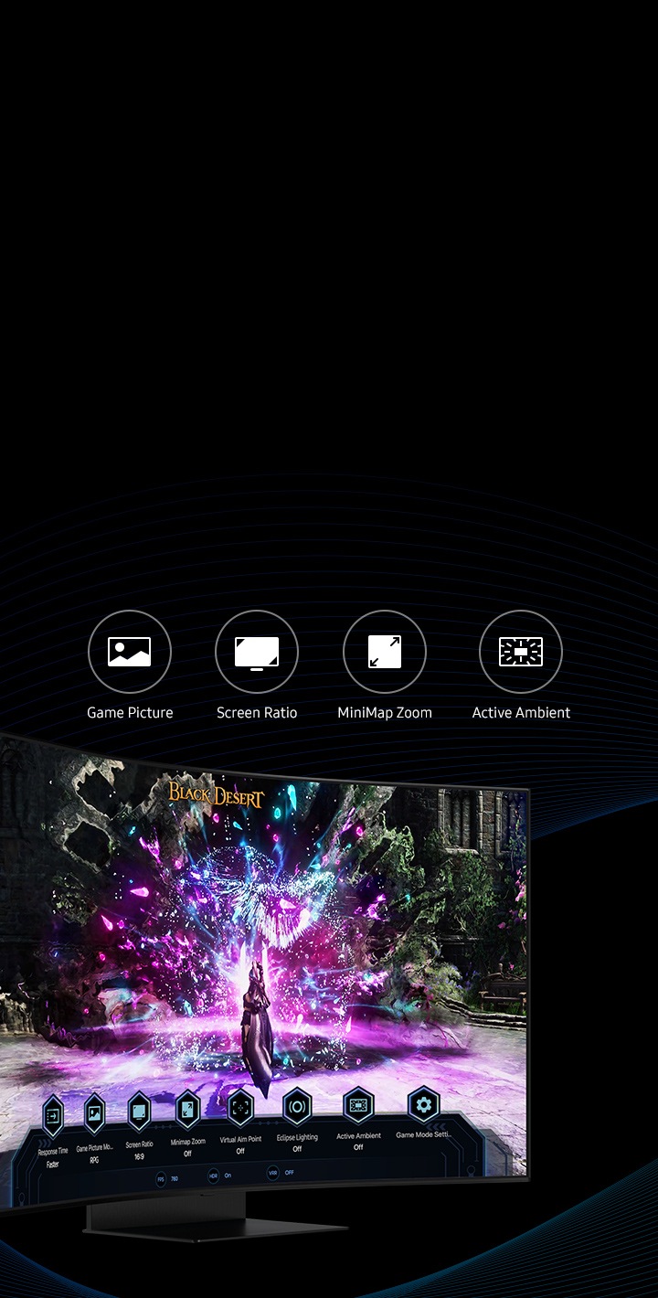 At the bottom of the screen is a toolbar showing eight icons, demonstrating the Game Bar feature. The game title logo "Black Desert" is placed in the upper side of the screen, with 4 different logos in the background, each for Game Picture, Screen Ratio, Minimap Zoom, Active Ambient.