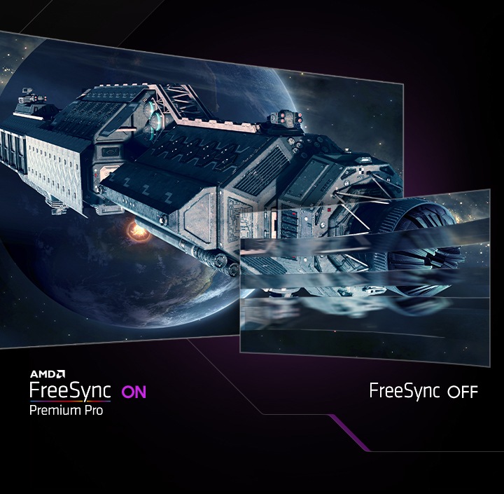 A space docking station is shown in front of a planet on two screens. The spacecraft on the right screen is blurred with the text “FreeSync OFF” underneath, and the left is sharp and clear with the text “AMD FreeSync Premium Pro ON” underneath.