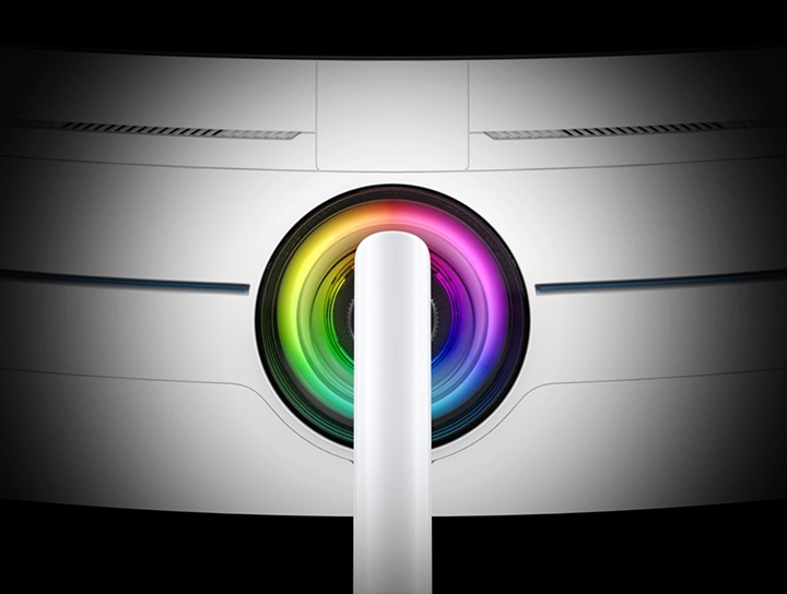 A closeup of the back of an Odyssey monitor is shown and a rainbow ring of lighting rotating clockwise.