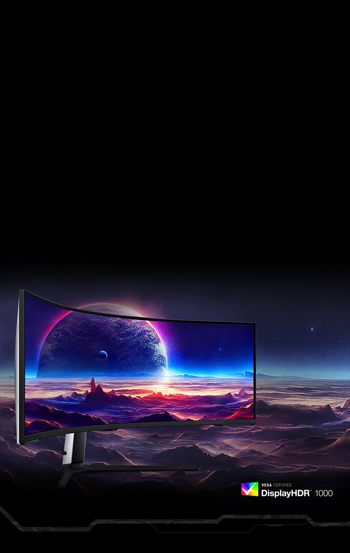 On a monitor, a landscape with mountains and hills is seen in front of a planet and its moon in the sky. The landscape and sky both extend out from the monitor. In the bottom right, a badge logo reads, "VESA CERTIFIED DisplayHDR 1000."