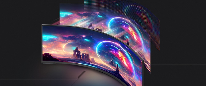 On the curved monitor, a scene of an alien desert landscape is seen with another planet in the skyline. Behind the monitor are two more versions of the image on the screen, with the back version showing the image in a grid where the monitor's LEDs light the screen.