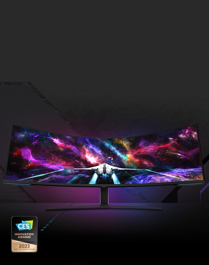 A spaceship is shown on an Odyssey monitor, flying into a colorful field of galaxies in space. In the bottom left, a badge notes the monitor as a winner of the CES Innovation Awards for 2023 Best of Innovation.