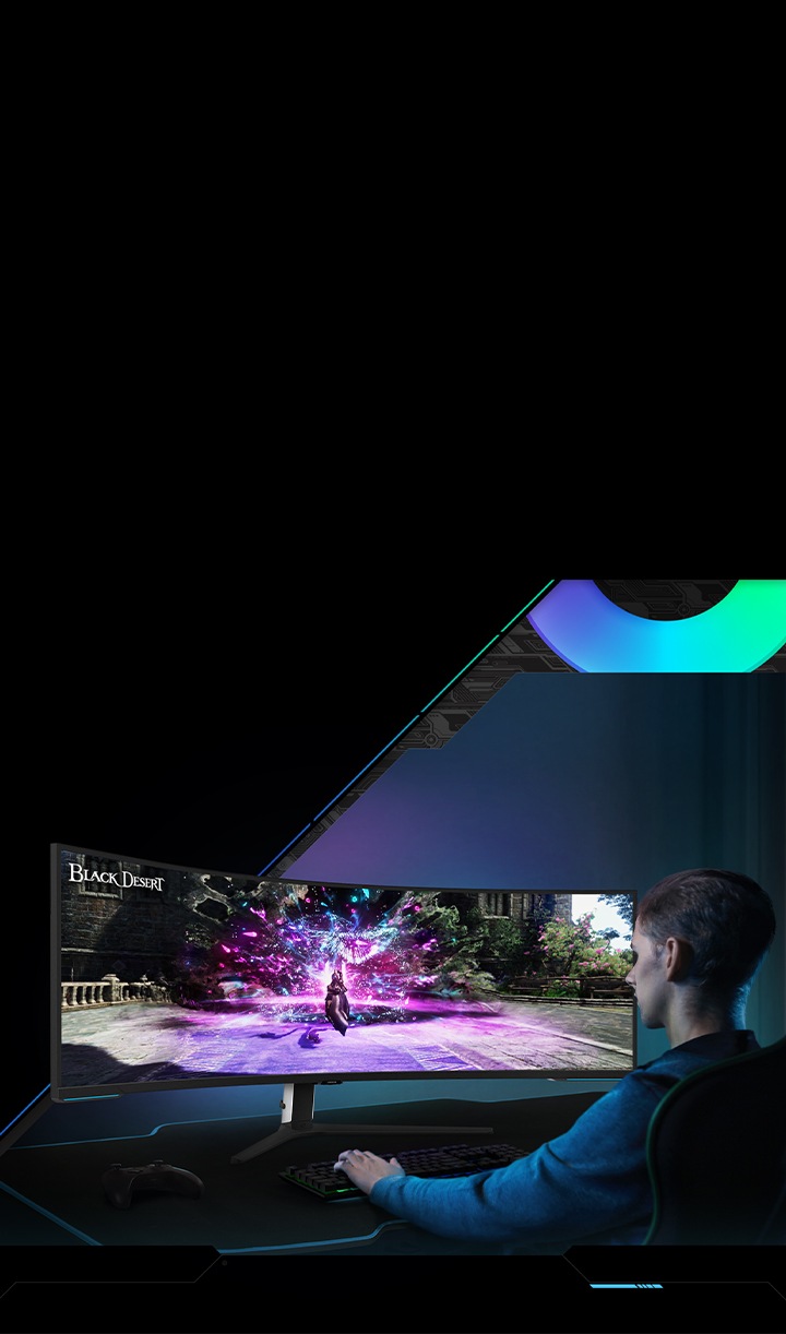 A gamer plays Black Desert on the Odyssey monitor. On the screen, a character uses their abilities in front of a stone building, surrounded by trees and foliage.