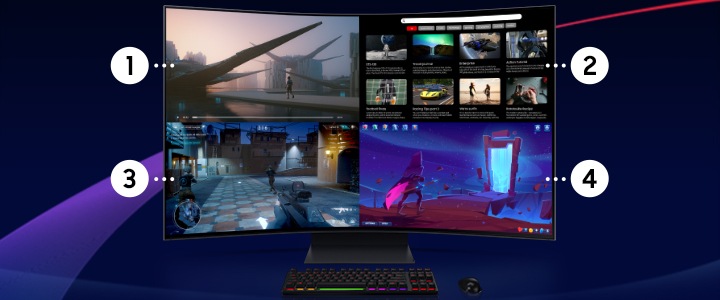 The Odyssey Ark is shown with a mouse and keyboard. The screen is divided into four sections. The top left of the screen, numbered section 1, shows a frame of video, with someone walking on a platform between futuristic buildings. The top right of the screen, numbered section 2, a video streaming app shows options for streaming content. The bottom left of the screen, numbered section 3, a first person shooter game is being played. The bottom right of the screen, numbered section 4, shows a video game frame, with a wizard walking toward a portal.