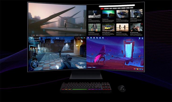 A video shows the Ark with a mouse and keyboard. The screen is divided into 4 sections: one playing a streaming video, one playing an MMORPG video game, one displaying options on a video streaming service, and one with a video game wizard walking toward a portal. A mouse hovers to the top right section with the video streaming service and clicks. An outline appears around that section of the screen, and a search bar appears. In the search bar, the word "Odyssey" is typed.