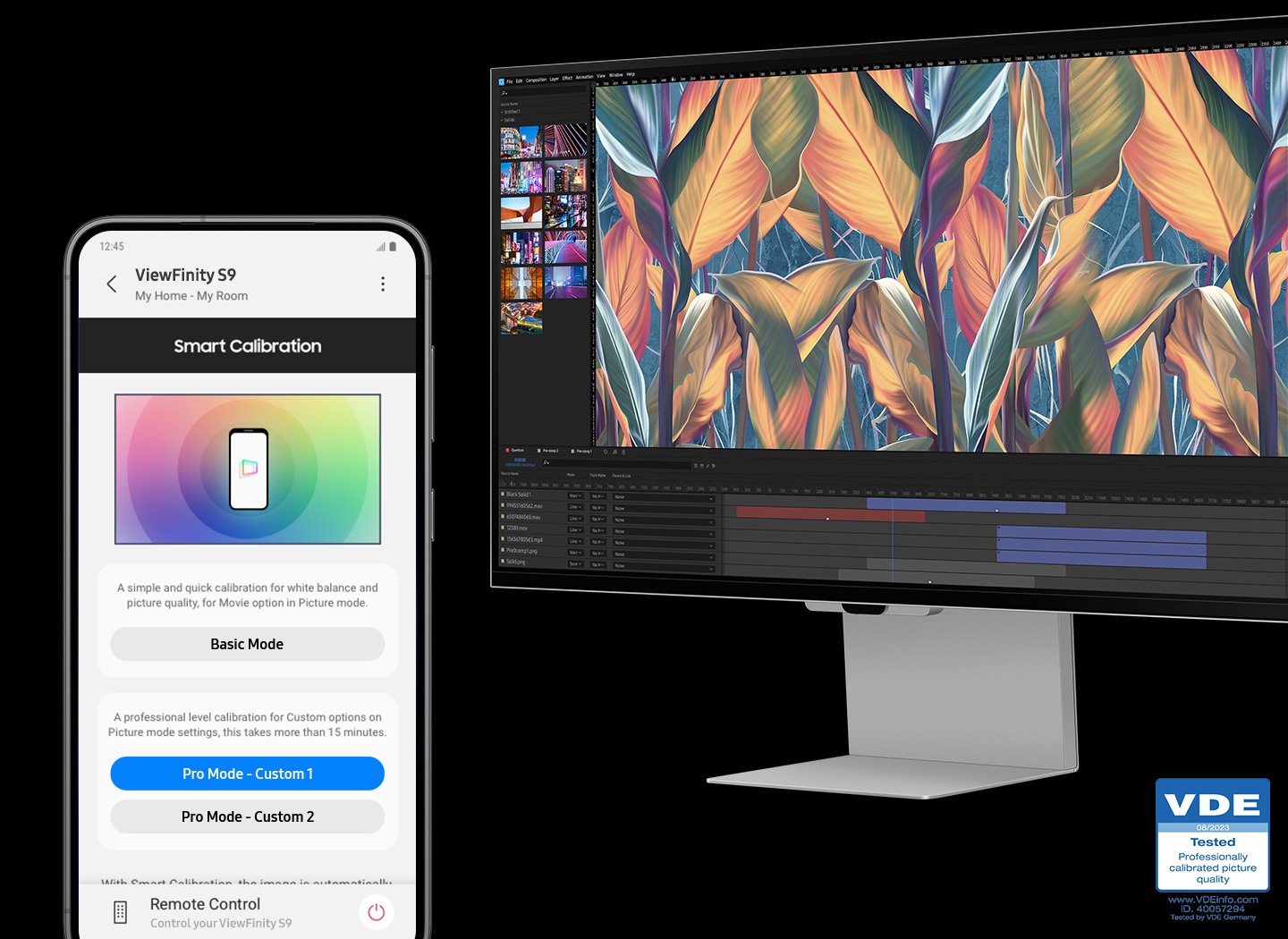 There is a monitor with an abstract image. Next to it, there's a mobile phone, and a pro mode is selected on the phone for smart calibration. Then, the monitor is being calibrated. After the calibration, the image on the monitor gets more vivid and colorful. And below the monitor, there is a VDE certification logo for 'Professionally calibrated picture quality'.
