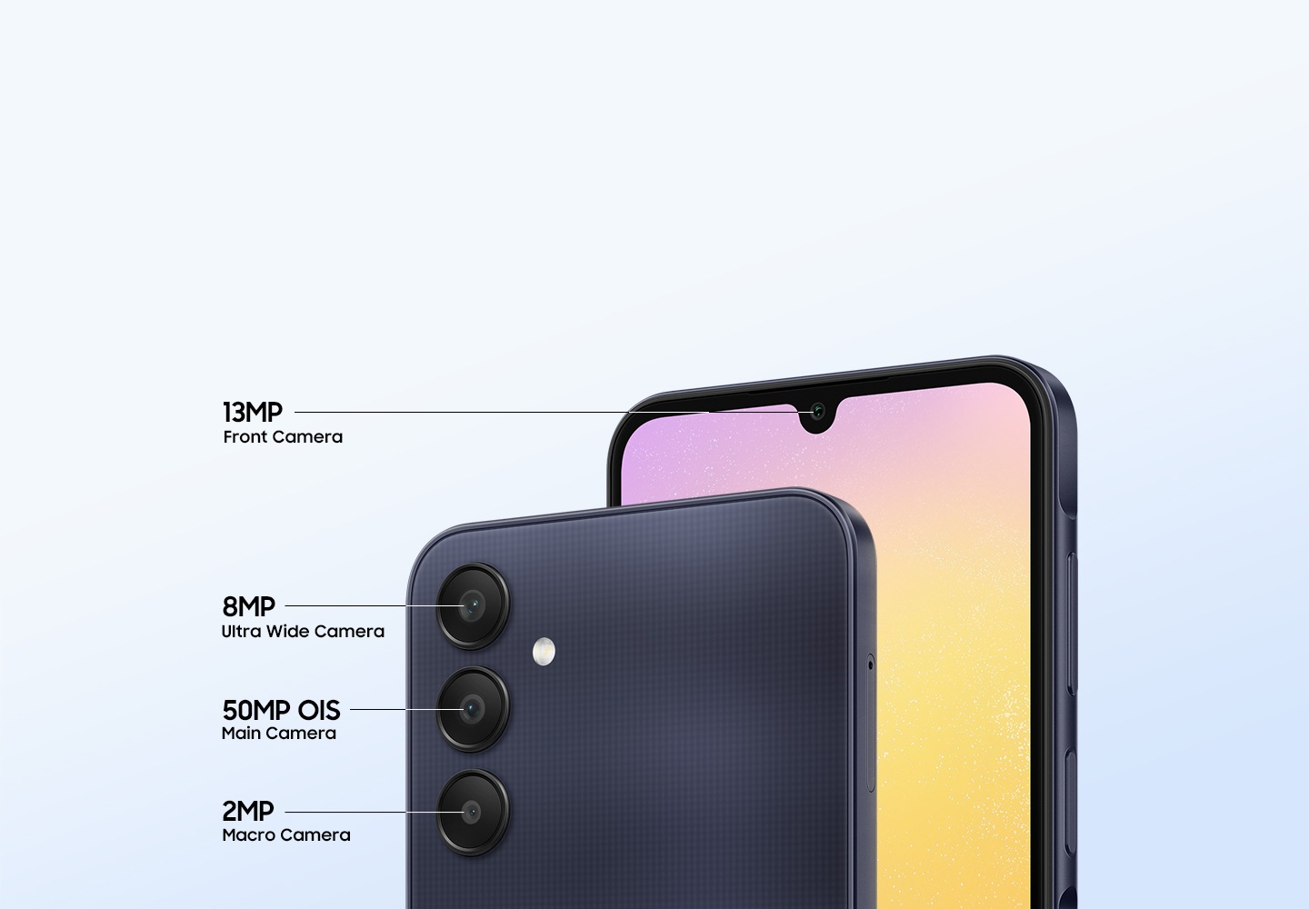 Galaxy A25 5G 的正面和背面展示了四個多鏡頭，包括 1300 萬像素前置鏡頭、800 萬像素超廣角鏡頭、5000 萬像素 OIS 主鏡頭和 200 萬像素微距鏡頭。