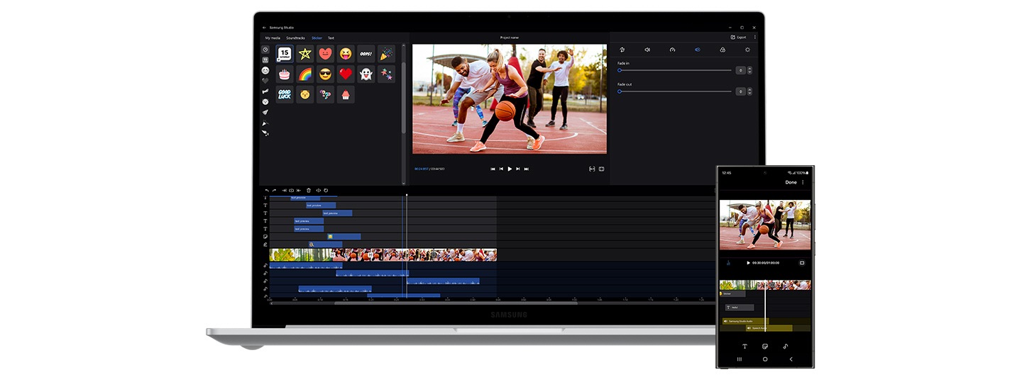 銀色 Galaxy Book4 和 Galaxy S24 Ultra 並排放置，螢幕上打開 Samsung Studio 應用程序，兩台設備上正在編輯相同的視頻內容。