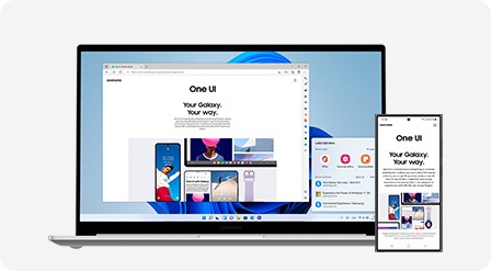 Galaxy Book 4 和 Galaxy S24 Ultra 並排放置。 Galaxy S24 Ultra 的螢幕上會開啟一個網頁，Galaxy Book 4 的螢幕上也會顯示一個網頁，以反白兩個裝置已同步。