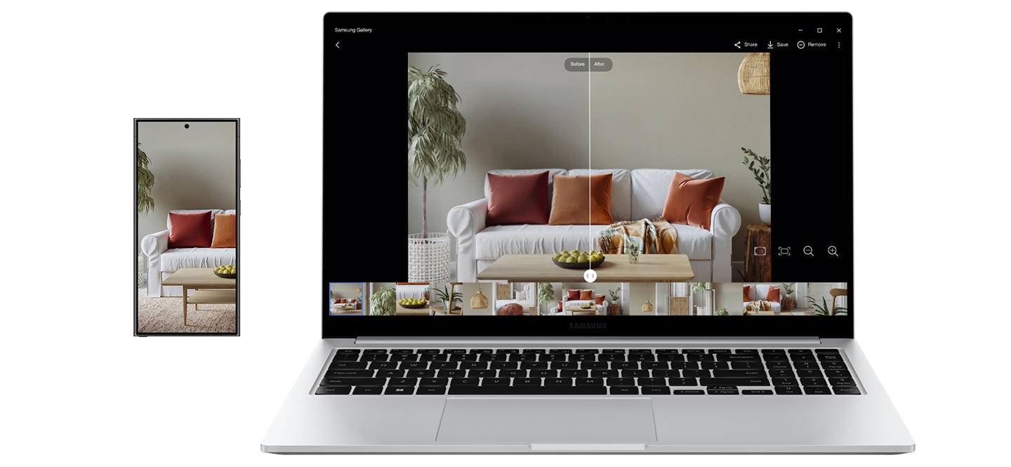 Galaxy S24 Ultra 上全螢幕顯示的房屋內部圖像可在銀色 Galaxy Book4 上的三星圖庫應用程式中打開，並使用照片重新大師工具進行重新製作。 螢幕上的影像被滑桿分成兩半 - 左側顯示重新製作之前的影像，右側顯示品質增強的重新製作的影像。