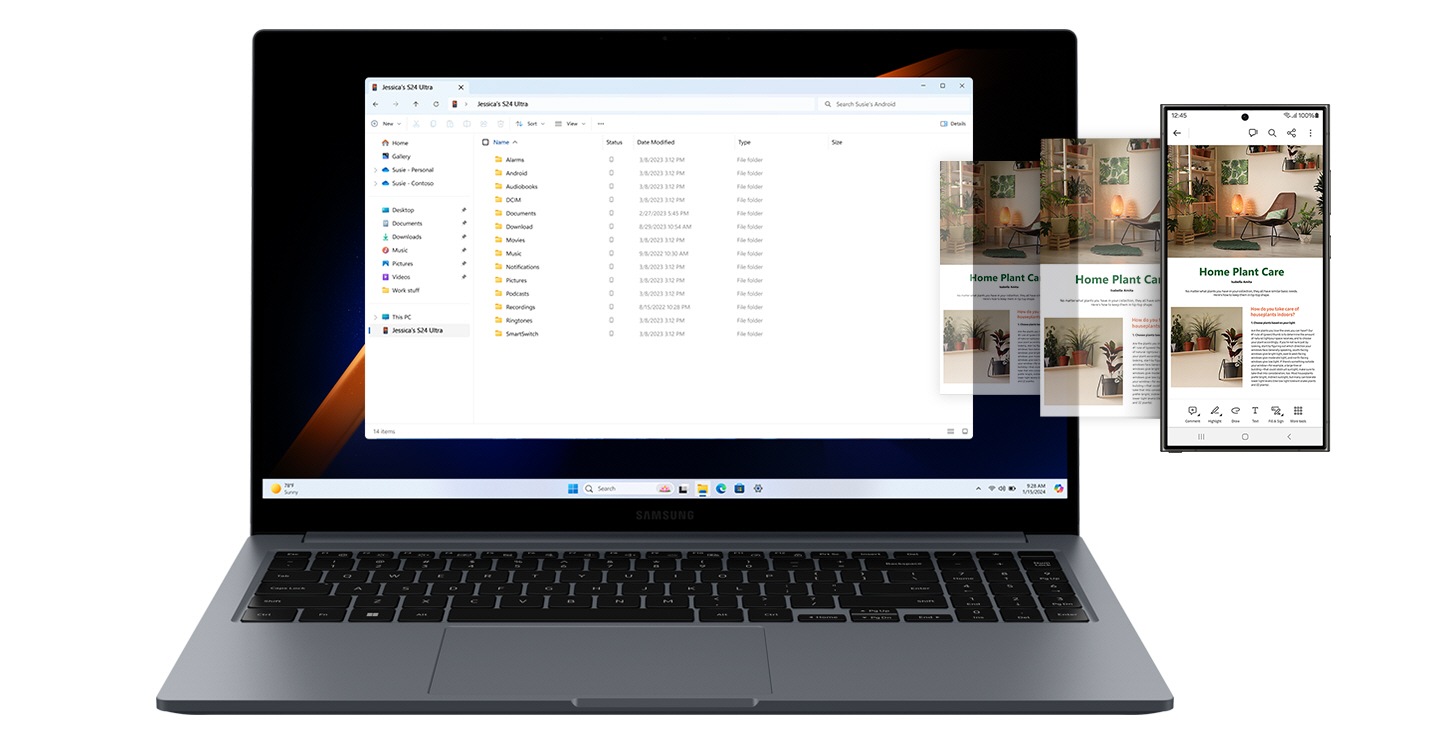 灰色的 Galaxy Book4 和 Galaxy S24 Ultra 並排放置。 使用檔案總管可以存取在 Galaxy S24 Ultra 上的 Adob​​e Acrobat 應用程式中開啟的包含圖像和文字的文件以及 Galaxy Book4 中的其他資料夾。