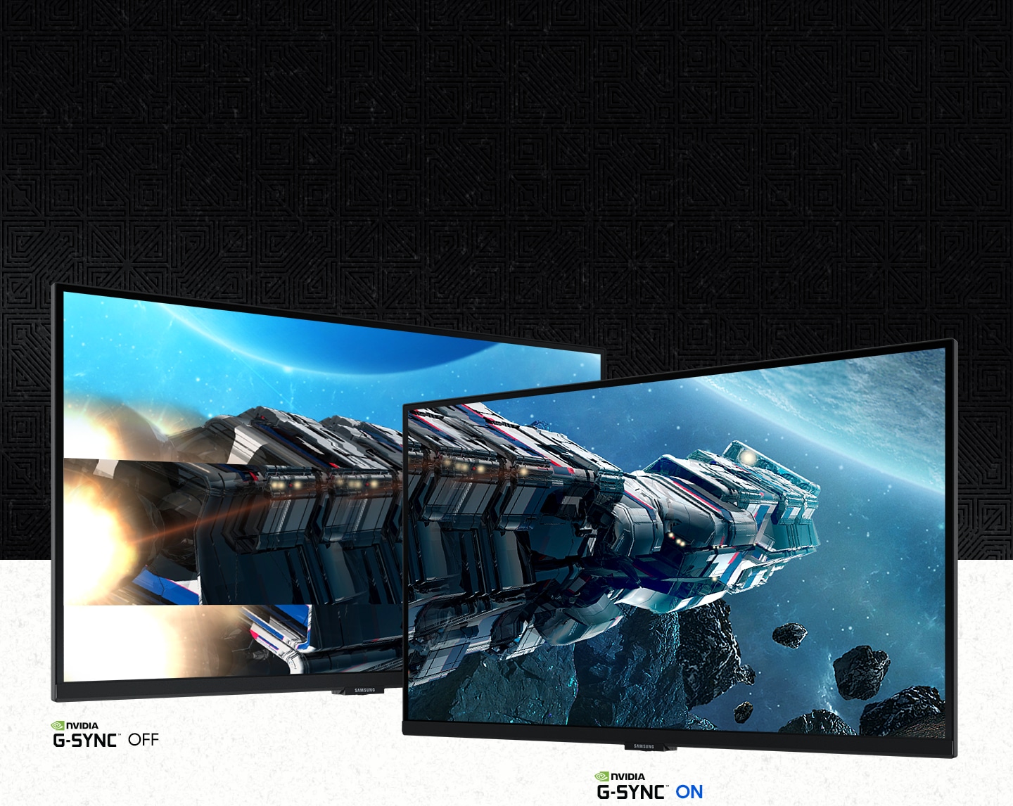 Two monitors side by side show the same spaceship. The left side is FreeSync Off while the right side is FreeSync On, demonstrating the impact of FreeSync in preventing screen tearing.