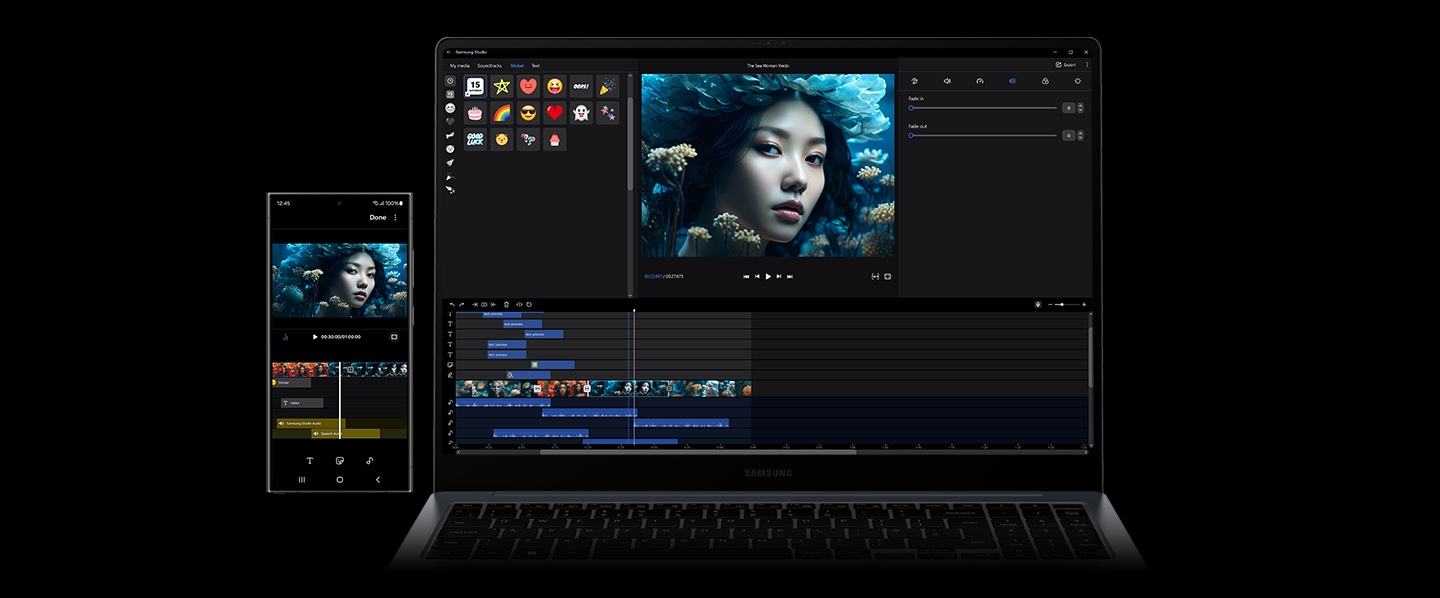 Galaxy S24 Ultra 和 Galaxy Book4 Ultra 並排放置，屏幕上打開 Samsung Studio 應用程式，兩部裝置上正在編輯相同的影片內容。