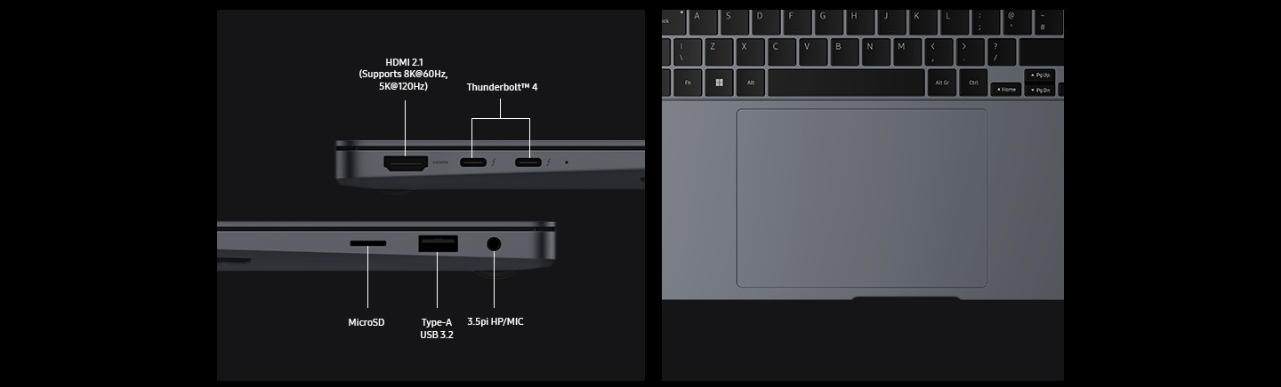 兩部 Galaxy Book4 Ultra 水平放置，分別位於左右兩側，以突出顯示插口佈局。插口標有 HDMI 2.1（支援 8K 60Hz，5K 120Hz）THUNDERBOLT 4、MICRO SD、TYPE-A USB 3.2、3.5PI HP/MIC.Galaxy Book4 Ultra 觸控板和鍵盤區域特寫