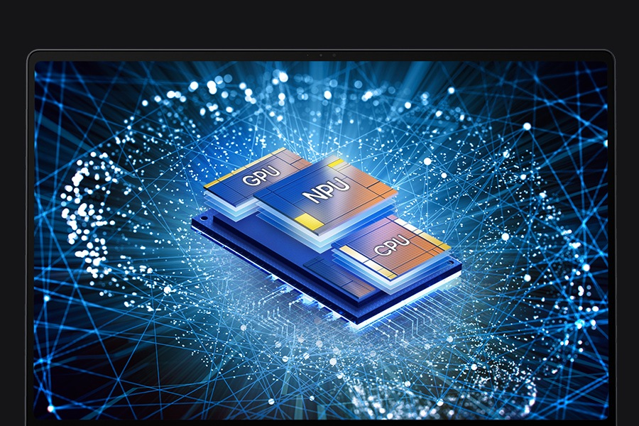 一部 Galaxy Book4 Ultra 打開，面向前方，GPU、NPU 和 CPU 晶片顯示在螢幕上抽像大腦矩陣的正中央。
