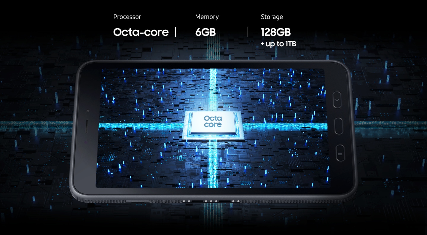 一部 Galaxy Tab Active5 5G 裝置橫放著，屏幕中央顯示八核處理器晶片，晶片四面發出明亮的霓虹燈藍色光束。八核處理器。內部儲存空間 6/8GB。儲存空間 128/256GB，最高 1TB。