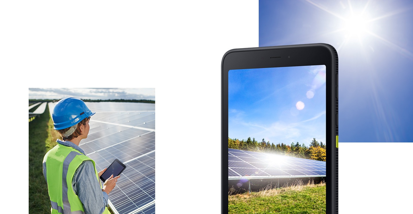 一個工人在猛烈陽光下操作太陽能板，拿著 Galaxy Tab Active 5 5G 裝置。Galaxy Tab Active5 5G 裝置在強光下仍能顯示清晰的太陽能電池板圖像。