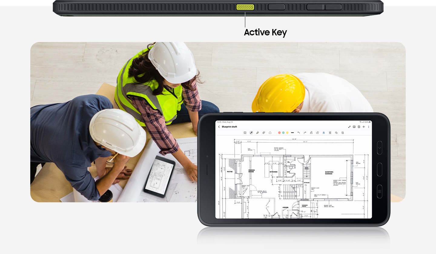 頂部顯示的是 Galaxy Tab Active5 5G 的側視圖，淺綠色突出顯示了 Active Key。三位建築師正在繪制藍圖，右側前景中的 Galaxy Tab Active5 5G 裝置屏幕上也顯示了該藍圖。