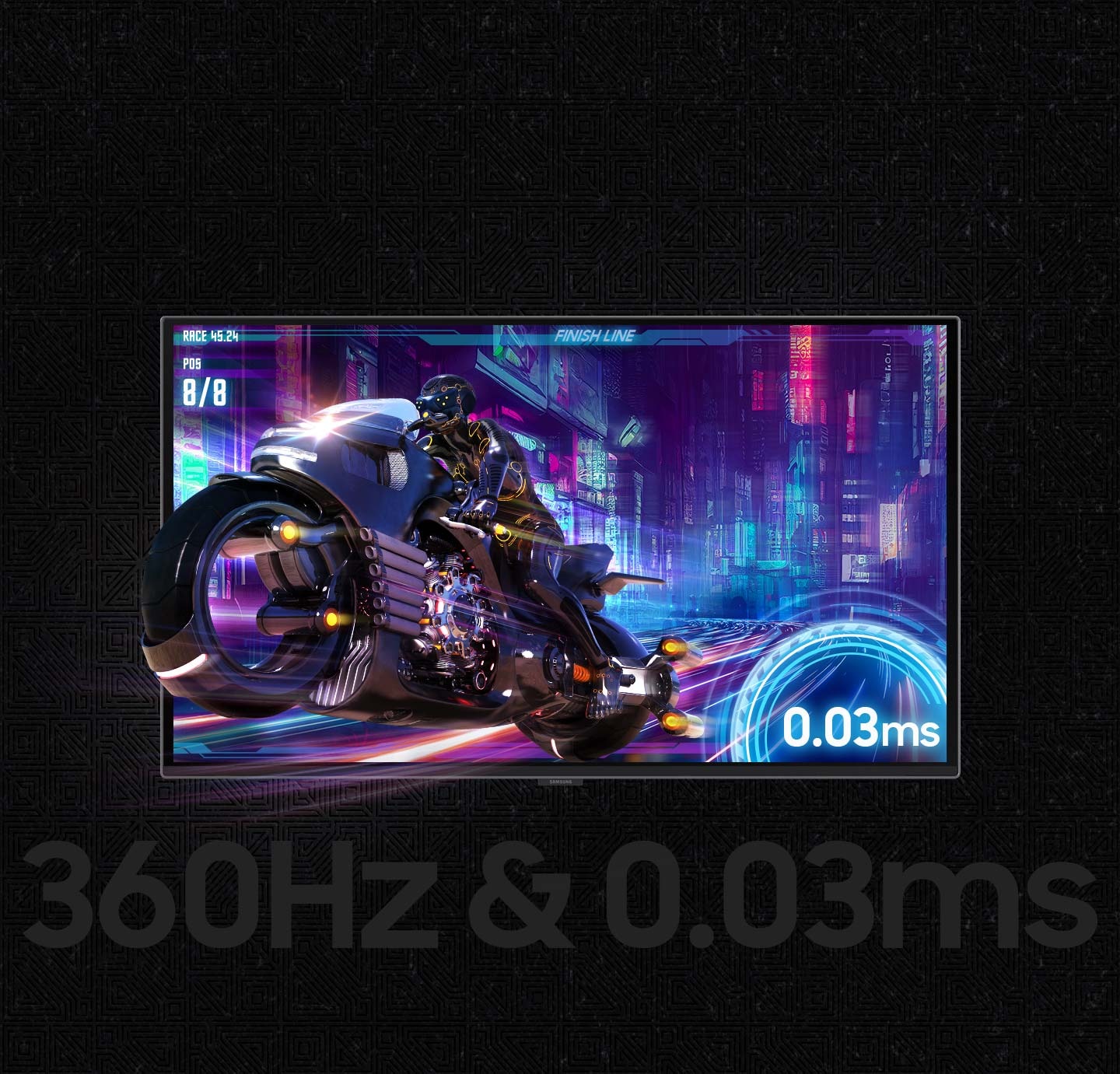 A futuristic motorcycle is coming out of a screen. ON the screen, a refresh rate of .03ms is labeled. Below the screen, it reads "360Hz & 0.03ms".