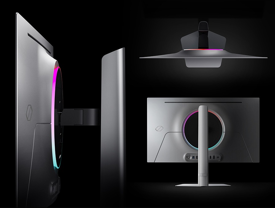 The Odyssey OLED G6 is shown from several different angles: from the side, from the top, and from behind. A circle of multicolored lights is seen from every angle.