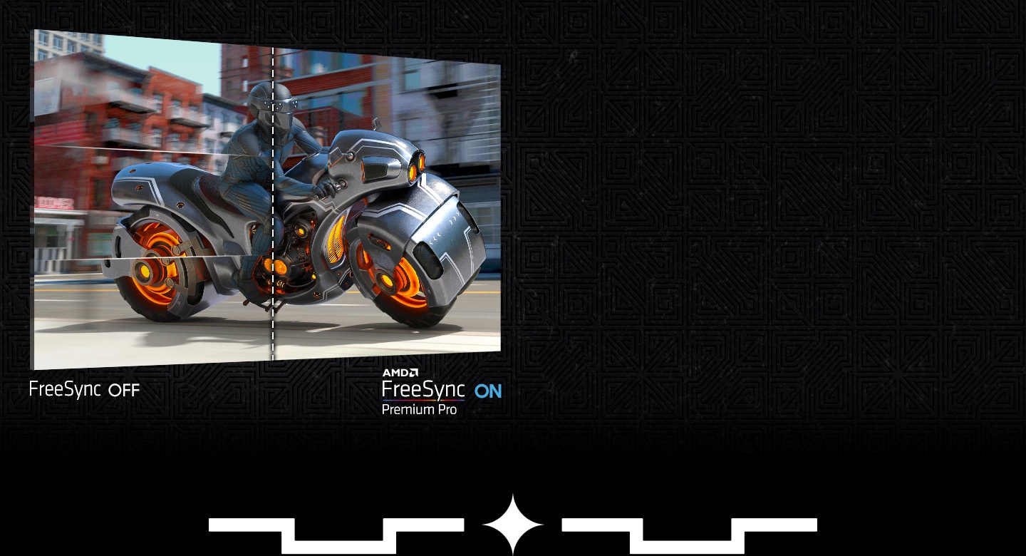 A man is riding a futuristic motorcycle away from the screen. The screen is divided into two sections. The left section, labled "FreeSync OFF" shows the screen stuttering. The right side, labled "AMD FreeSync Premium Pro ON" is clear.