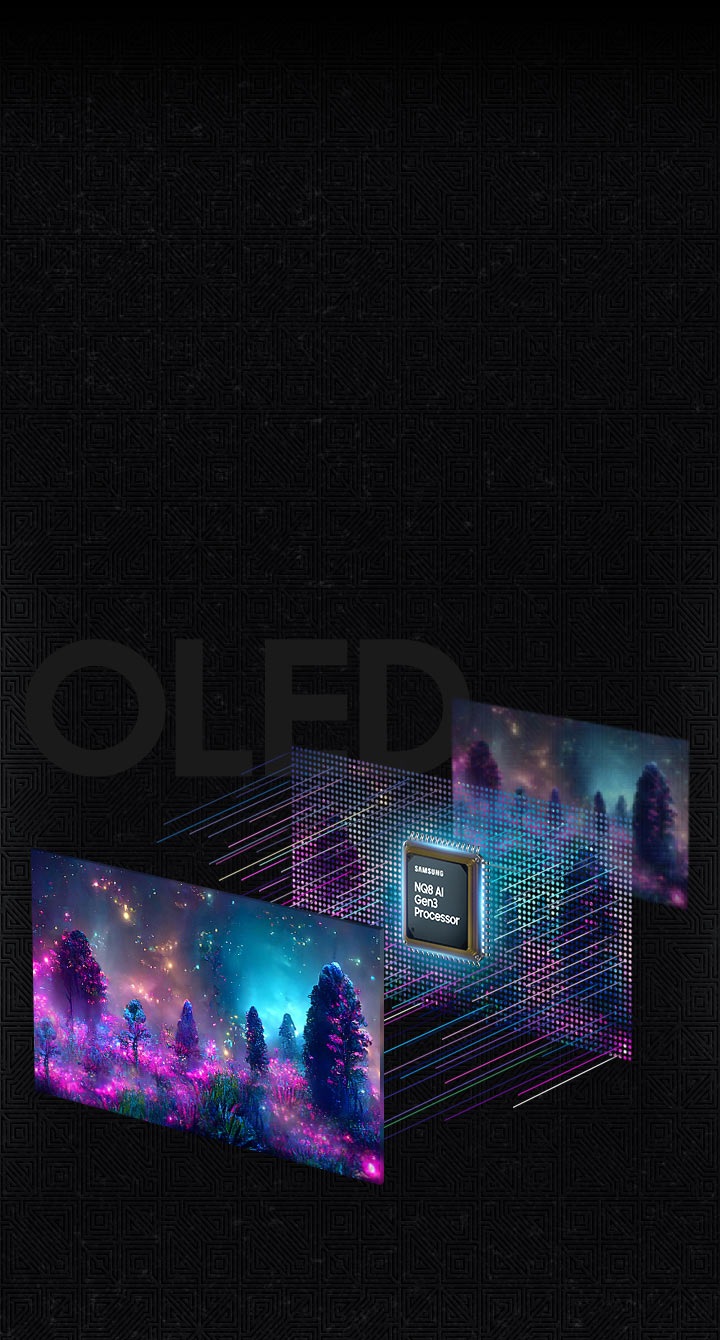 A scene of glowing alien trees is seen. Behind the scene, lights are streaming from a pixelated version of the same scene, with the NQ8 AI Gen3 Processor in the pixels. Behind the pixelated version with the processor is another version of the scene that is dimmer than the first scene.