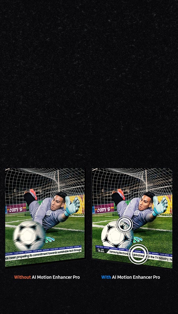 Two nearly identical scenes of a goalkeeper diving for a soccer ball are shown side-by-side. The scene on the left is labeled "Conventional" and shows the soccer ball blurred. The scene on the right is labeled "AI Motion Enhancer Pro". The soccer ball is more clear, and small highlighted circles point out areas of improved quality around the ball and on-screen text.