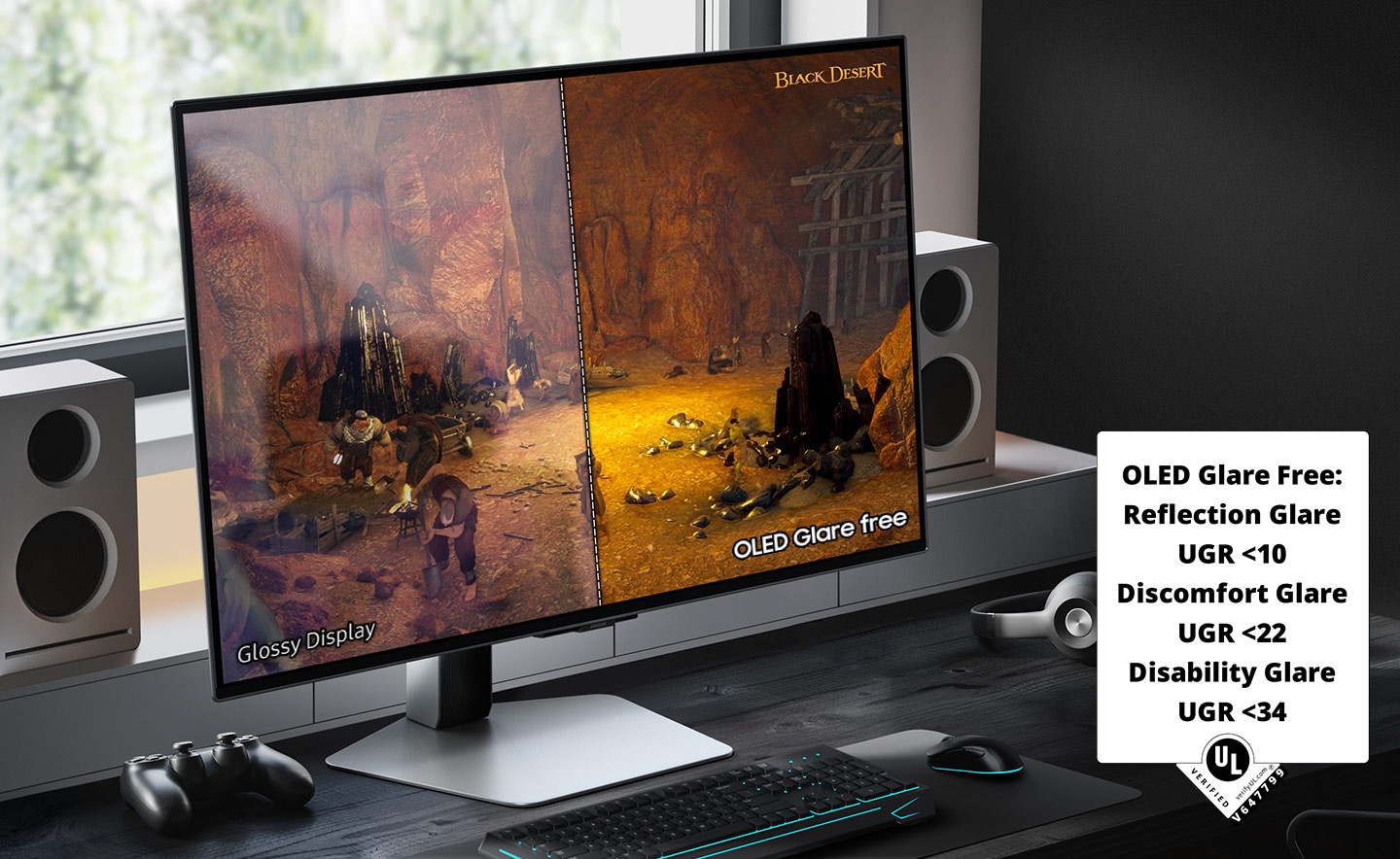 A monitor sits on a desk in front of a window, with a mouse, keyboard, headphones and speakers on the desk. The monitor shows a scene from the game Black Desert, split in half. The right side of the monitor, labeled "OLED Glare Free" is more clear with less reflection than the left side, labeled, "Glossy Display."A badge in the bottom right corner shares glare-free specifications, reading "OLED Glare Free: Reflection Glare UGR <10. Discomfort Glare UGR<22. Disability Glare UGR <34. UL, VERIFIED, verify.UL.com, V647799"