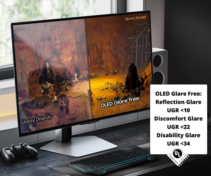 A monitor sits on a desk in front of a window, with a mouse, keyboard, headphones and speakers on the desk. The monitor shows a scene from the game Black Desert, split in half. The right side of the monitor, labeled "OLED Glare Free" is more clear with less reflection than the left side, labeled, "Glossy Display."A badge in the bottom right corner shares glare-free specifications, reading "OLED Glare Free: Reflection Glare UGR <10. Discomfort Glare UGR<22. Disability Glare UGR <34. UL, VERIFIED, verify.UL.com, V647799"